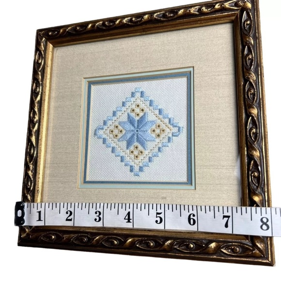Hardanger Framed Doily Estate Handmade BlueWhite Norway Embroidery Gold Art Wall - Picture 7 of 10